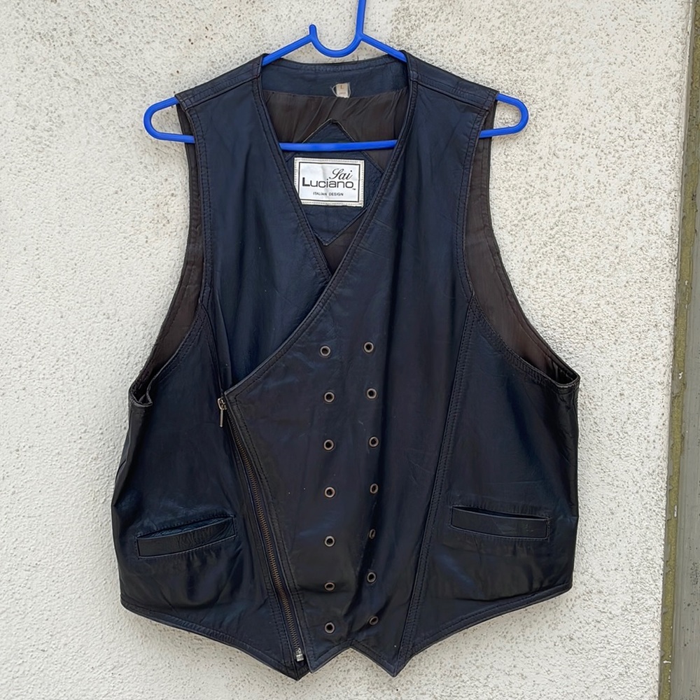 Black Leather Vest Diagonal Zipper Italian Design Size L